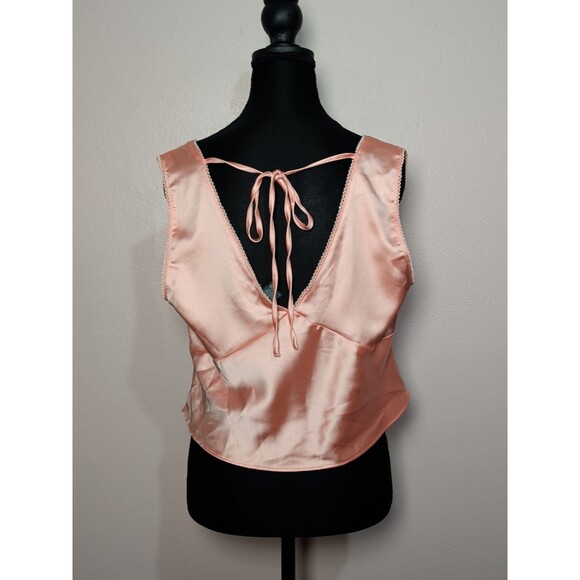 Y2K Satin Babydoll Crop Top Coquette Peach Crochet Trim Flower Center Sz L Girly - Picture 5 of 10